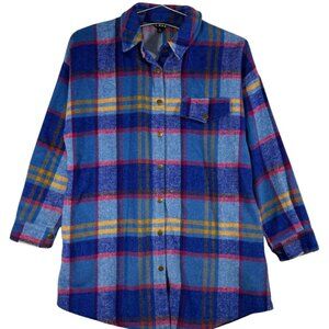J. NNA Plaid Brushed Flannel Oversized Shirt Jacket Size Medium Blue Snap Front